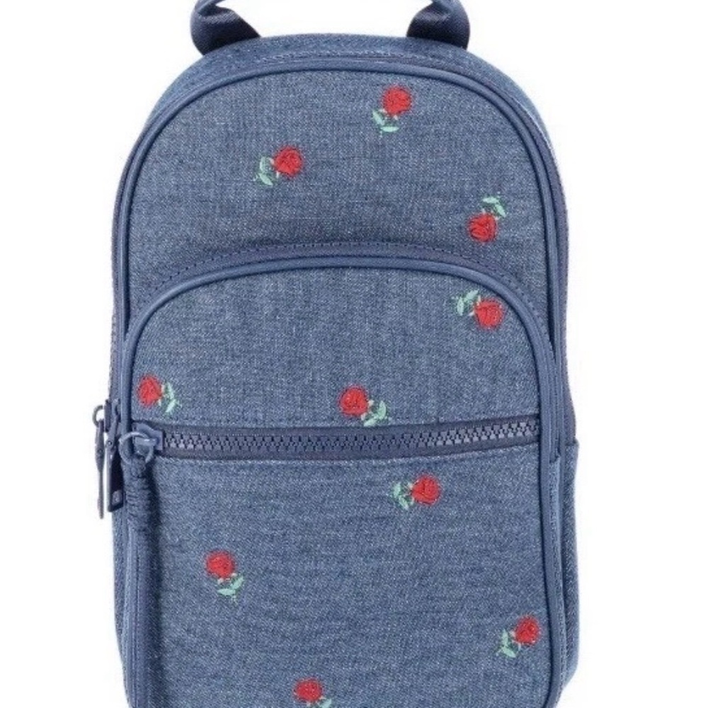 New Mini Crossbody Backpack Denim Embroidery Roses Sling Bag Denim Floral Blue